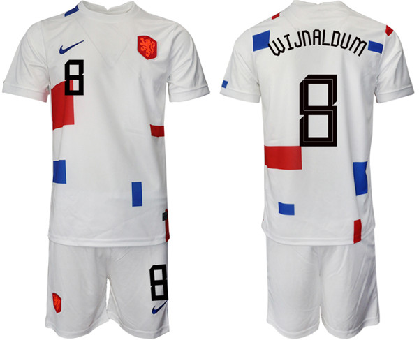 Men's Netherlands #8 Wijnaldum White Away Soccer Jersey Suit